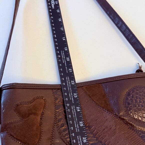 Patchwork Crossbody Bucket Bag Vintage 80s Brown Retro Hobo Purse Exotic Fashion - Picture 12 of 15